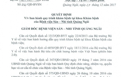 Quyết định v/v ban hành quy trình khám bệnh tại khoa Khám bệnh
